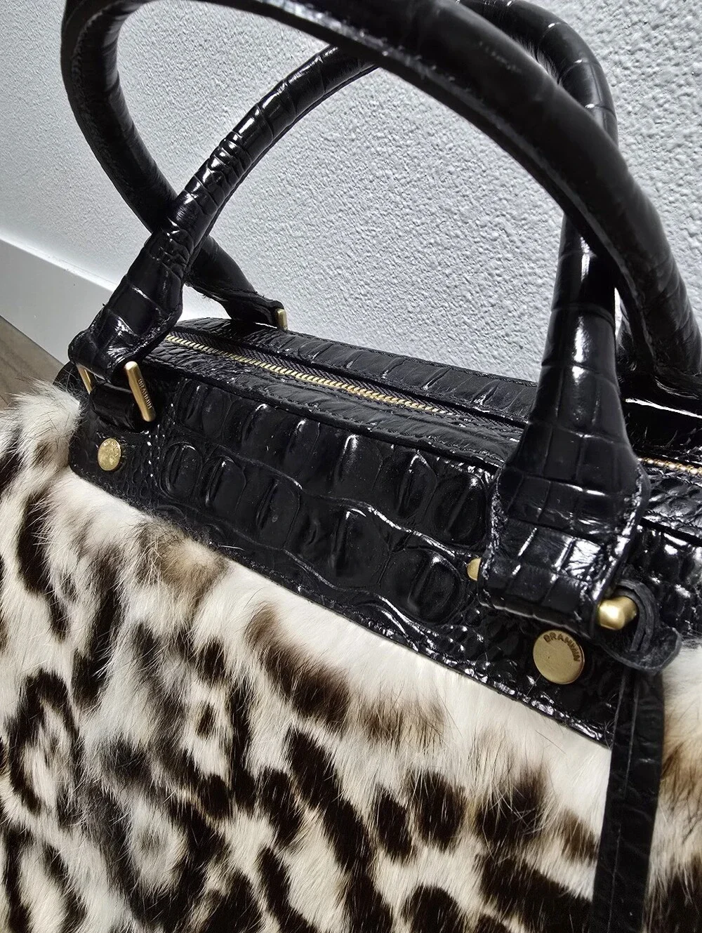 🆕️ Brahmin Hudson Leather Top Handle Satchel in Creme Muse Leopard Rabbit Fur